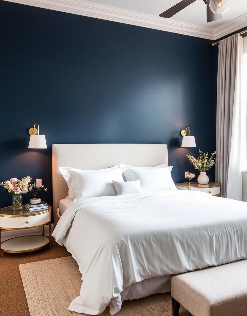 Dormitorio con pared de acento azul noche y textil blanco