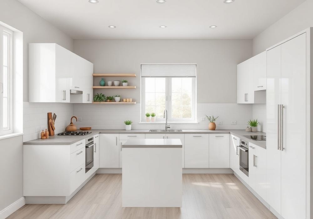 Cocina con paredes gris claro y muebles blancos