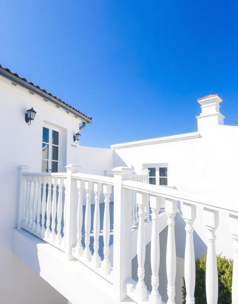Terraza y balaustrada exterior pintadas en blanco bajo cielo azul