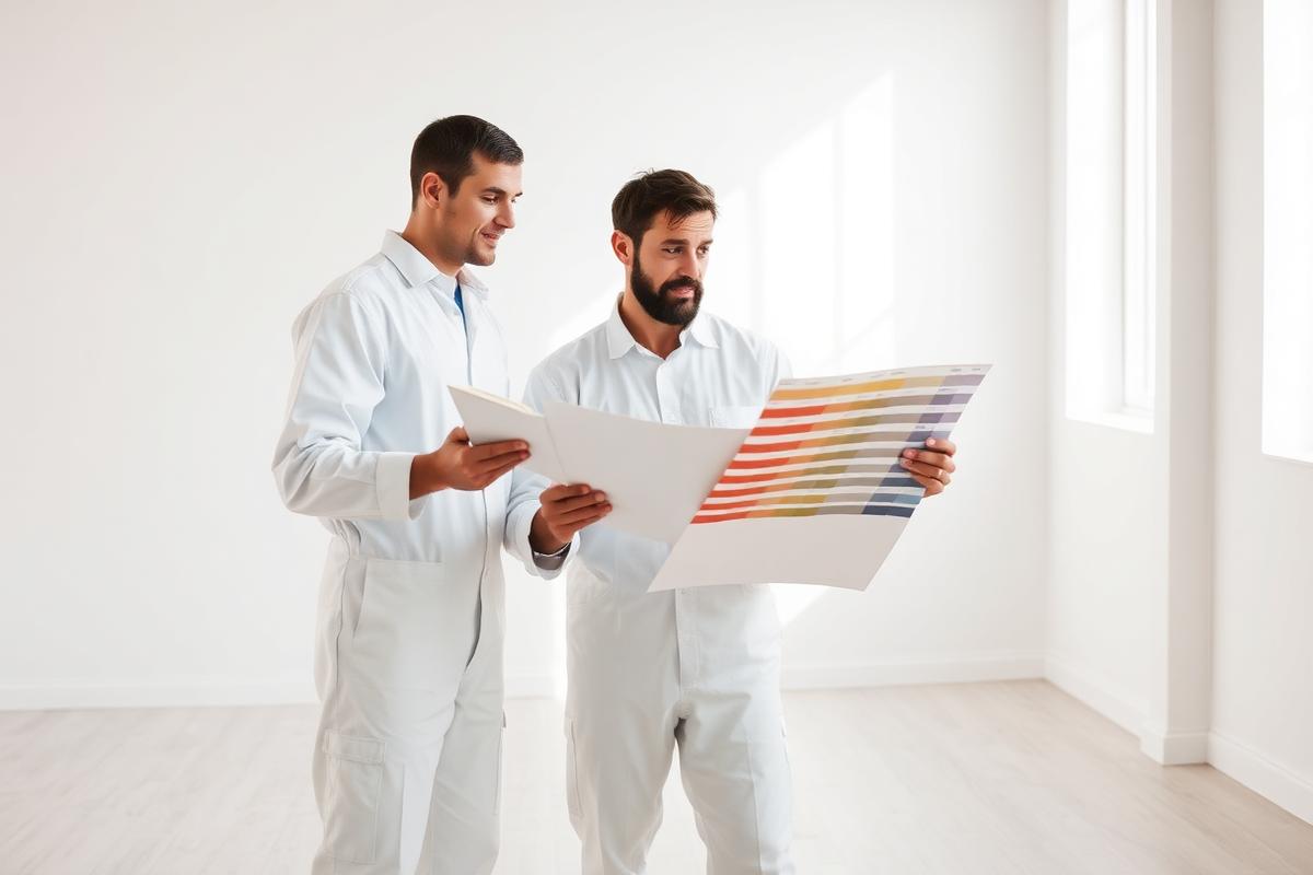 Dos pintores revisando una carta de colores en una estancia luminosa