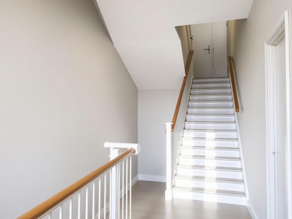 Escalera comunitaria pintada en gris claro con barandilla de madera