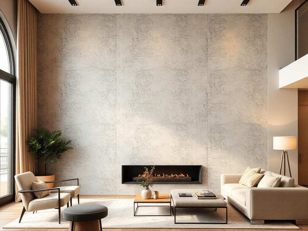 Salón con pared decorativa de microcemento texturizado y chimenea lineal