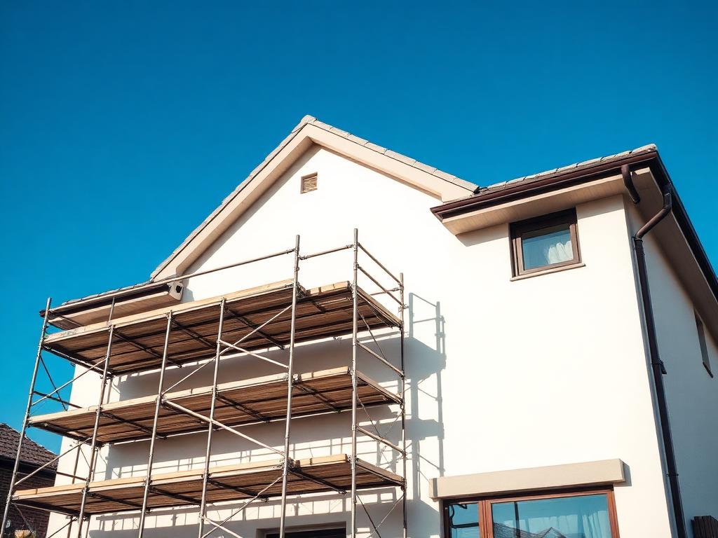 Vivienda con andamio durante el pintado de su exterior bajo cielo azul