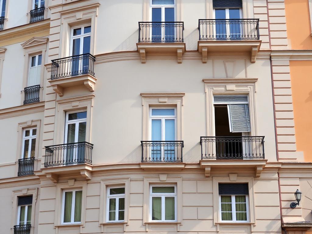 Fachada de edificio clásico rehabilitada con pintura clara y balcones de forja