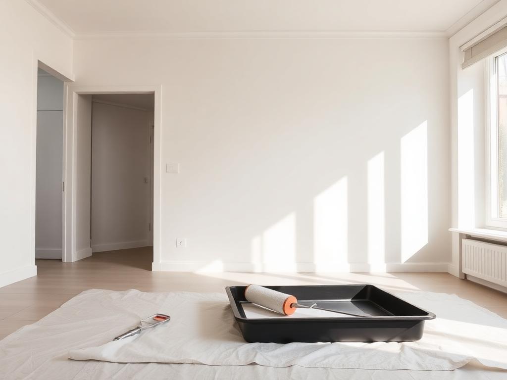 Salón recién pintado en blanco roto con rodillo y cubeta sobre plástico protector