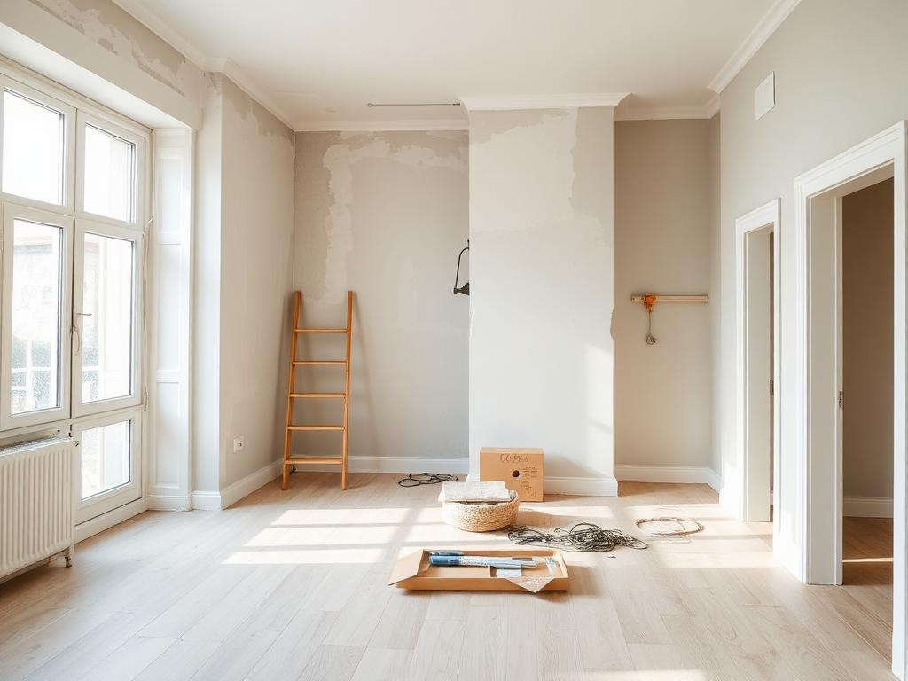 Vivienda en obra con paredes alisadas listas para pintar y suelo de madera clara